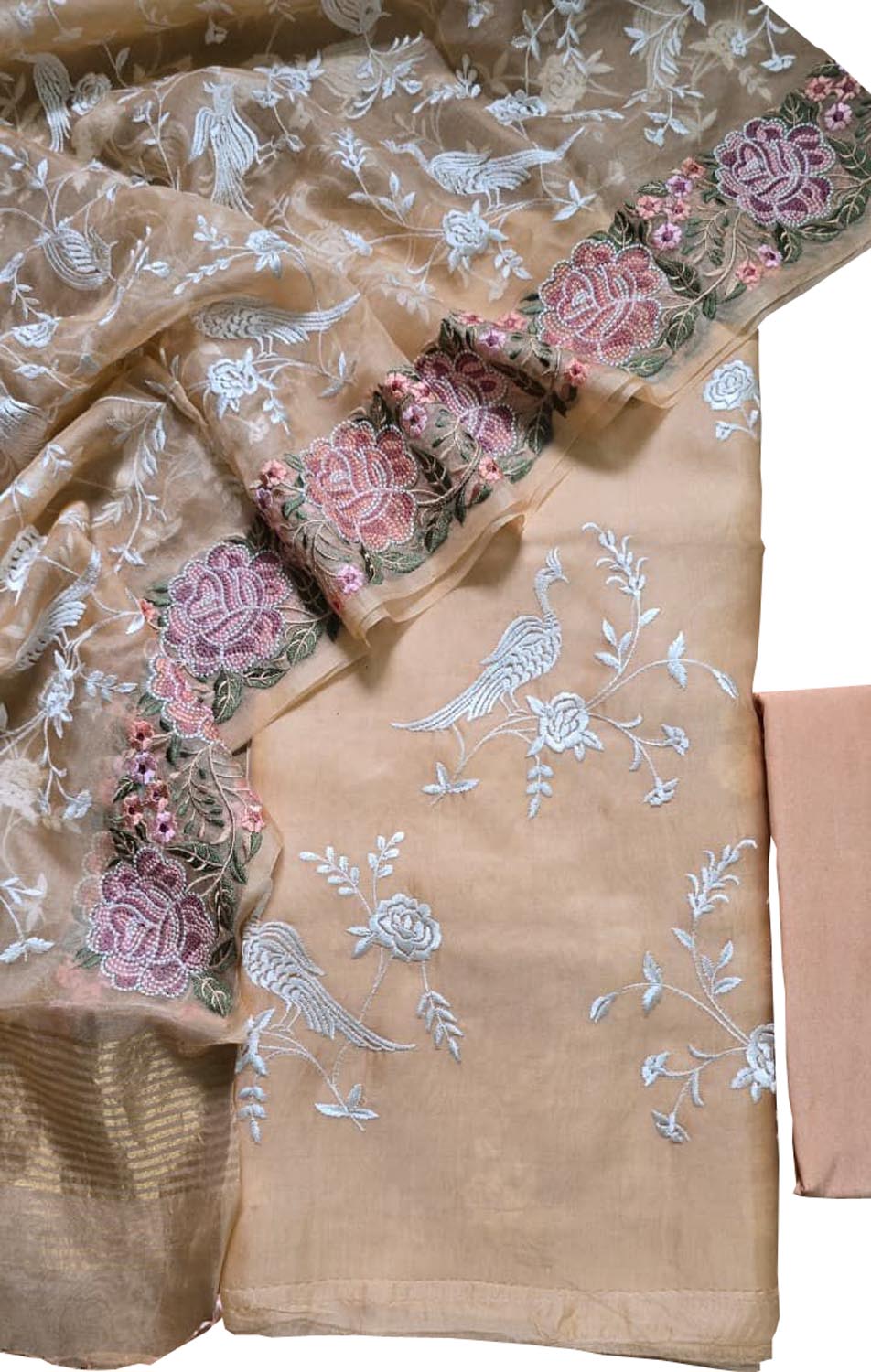 Orange Parsi Embroidery Organza Silk Three Piece Suit Set - Luxurion World