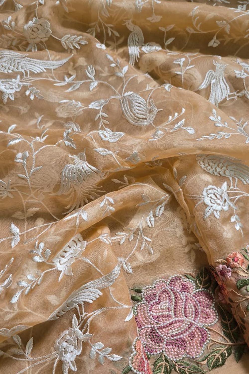 Orange Parsi Embroidery Organza Silk Three Piece Suit Set - Luxurion World