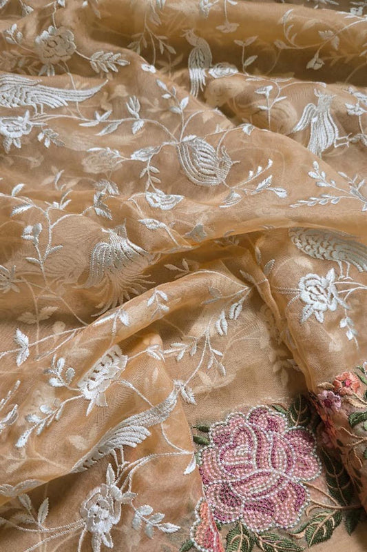 Orange Parsi Embroidery Organza Silk Three Piece Suit Set - Luxurion World