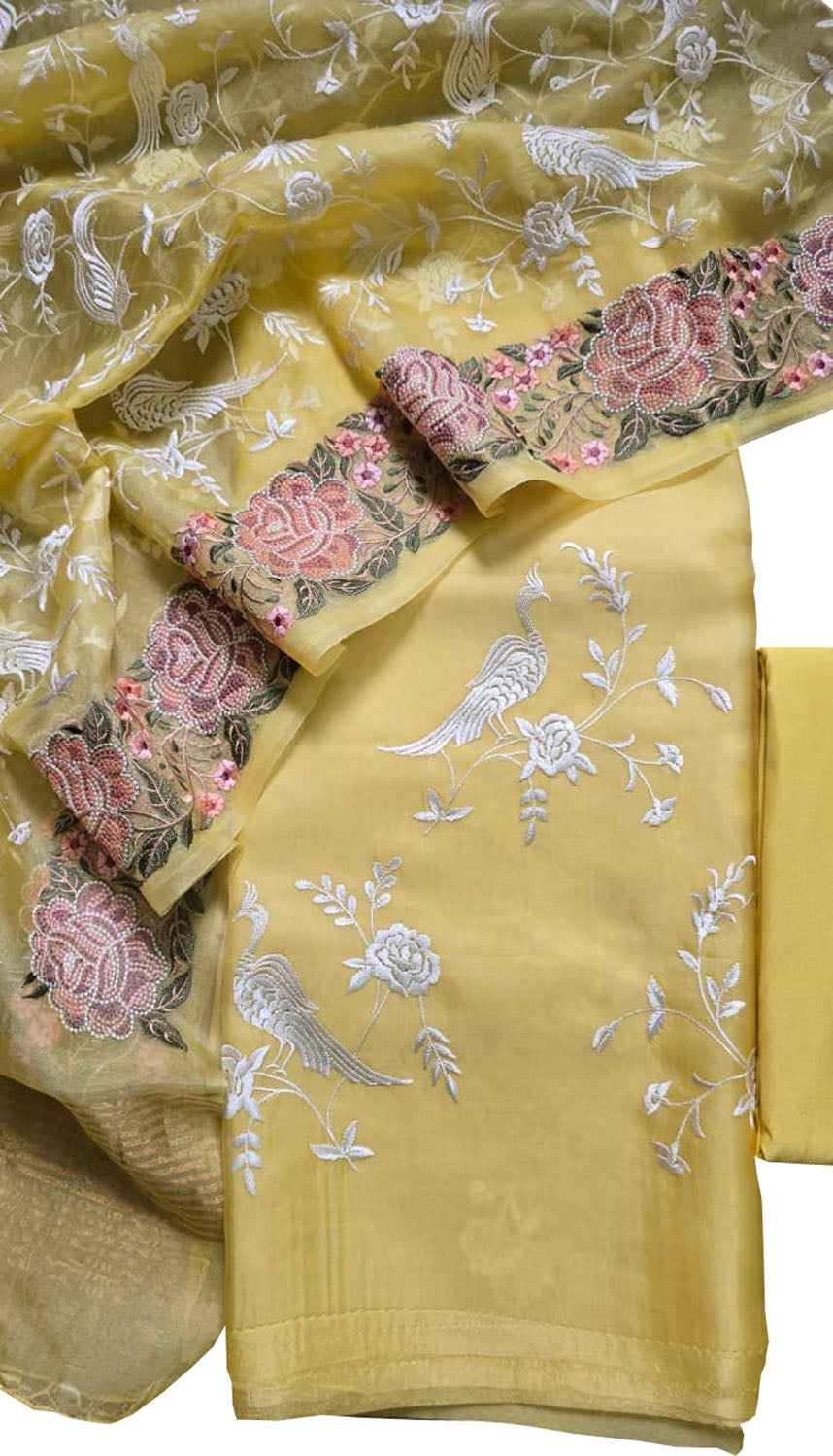 Yellow Parsi Embroidery Organza Silk Three Piece Suit Set - Luxurion World