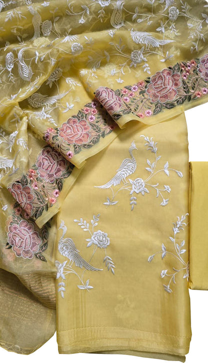 Yellow Parsi Embroidery Organza Silk Three Piece Suit Set - Luxurion World