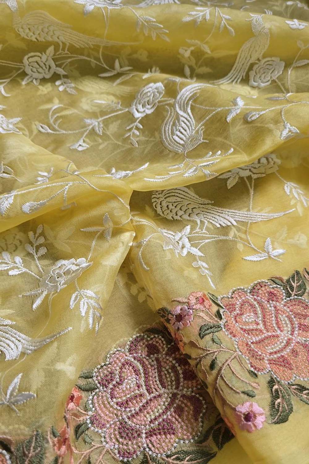 Yellow Parsi Embroidery Organza Silk Three Piece Suit Set - Luxurion World