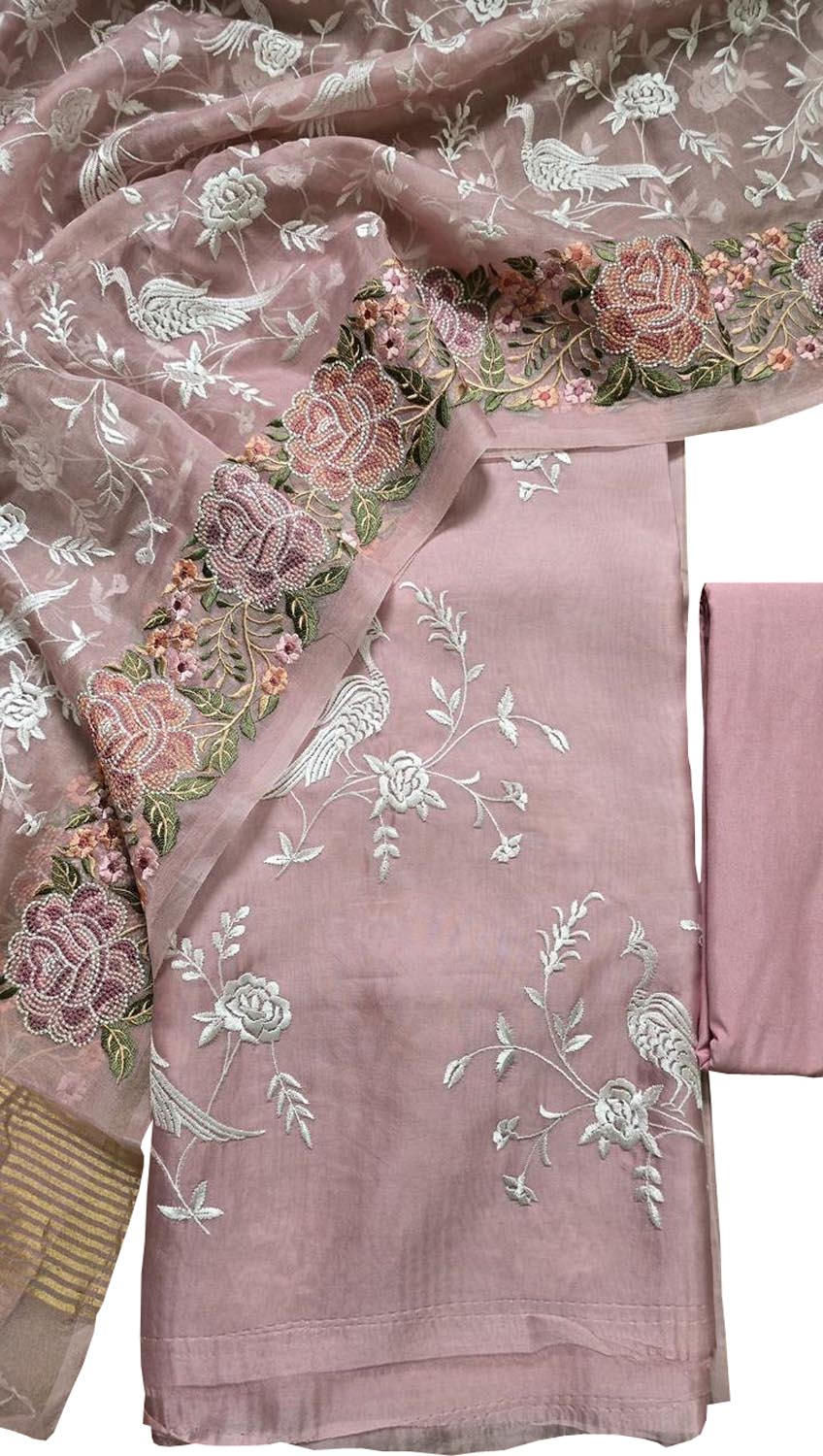 Pink Parsi Embroidery Organza Silk Three Piece Suit Set - Luxurion World