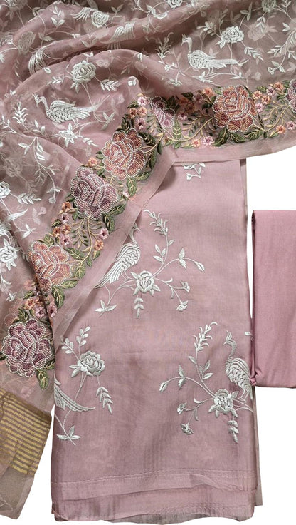 Pink Parsi Embroidery Organza Silk Three Piece Suit Set - Luxurion World