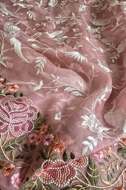 Pink Parsi Embroidery Organza Silk Three Piece Suit Set - Luxurion World