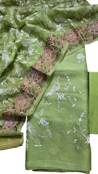 Green Parsi Embroidery Organza Silk Three Piece Suit Set - Luxurion World