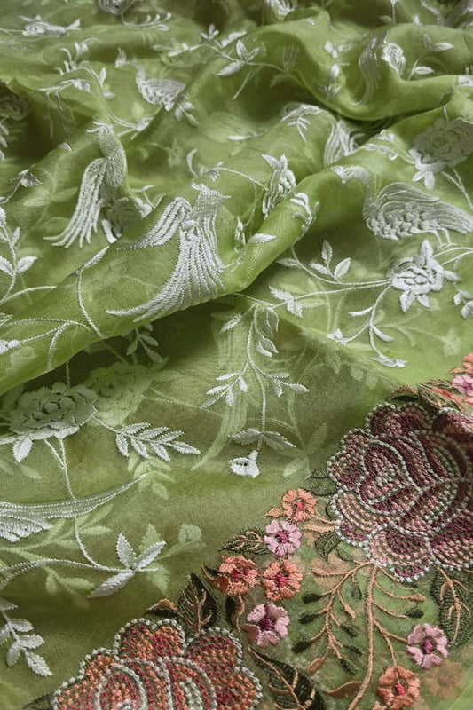 Green Parsi Embroidery Organza Silk Three Piece Suit Set - Luxurion World