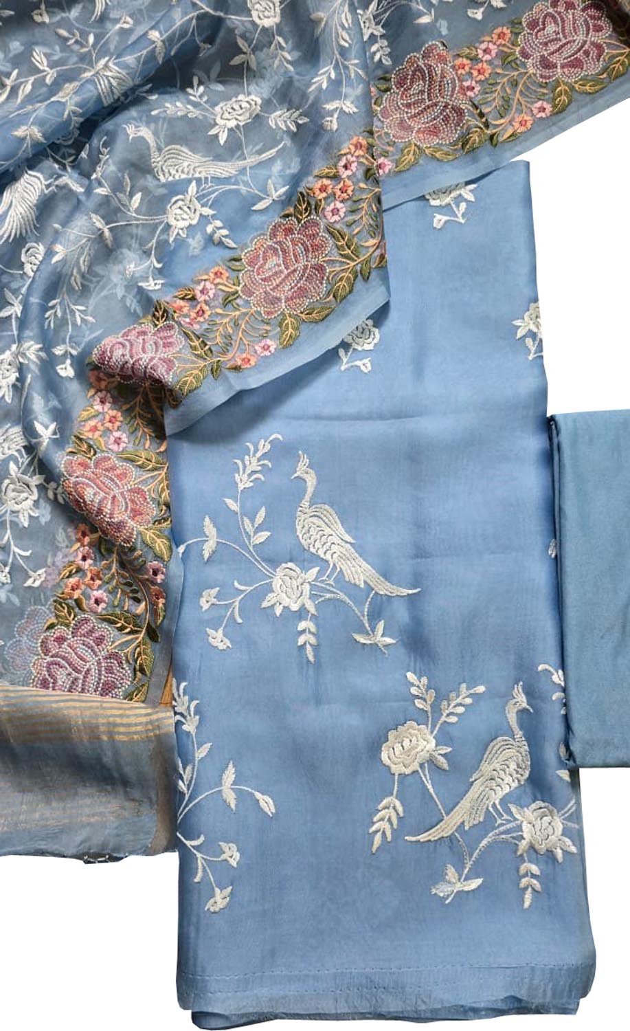 Blue Parsi Embroidery Organza Silk Three Piece Suit Set - Luxurion World