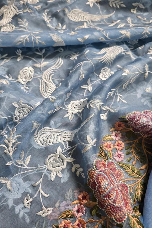 Blue Parsi Embroidery Organza Silk Three Piece Suit Set - Luxurion World