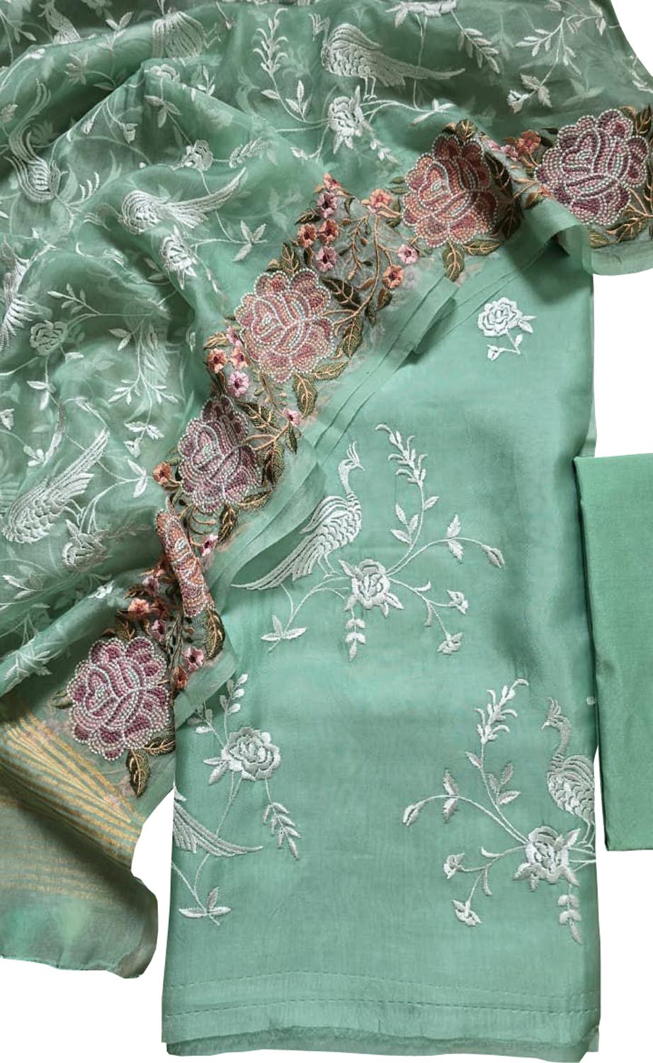 Green Parsi Embroidery Organza Silk Three Piece Suit Set - Luxurion World