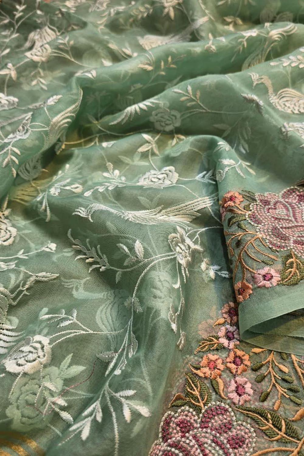 Green Parsi Embroidery Organza Silk Three Piece Suit Set - Luxurion World