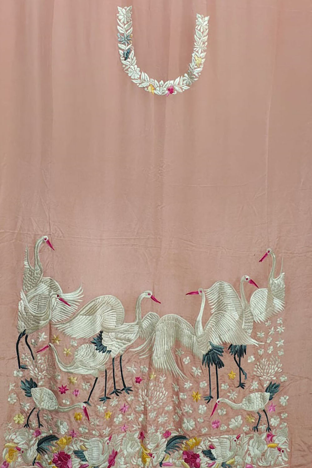 Pink Hand Embroidered Parsi Pure Crepe Unstitched Multicolor Thread Work Bird Design Kurti - Luxurion World