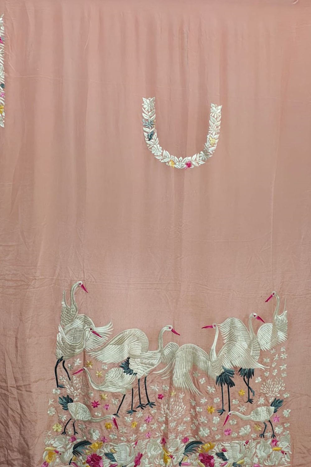 Pink Hand Embroidered Parsi Pure Crepe Unstitched Multicolor Thread Work Bird Design Kurti - Luxurion World