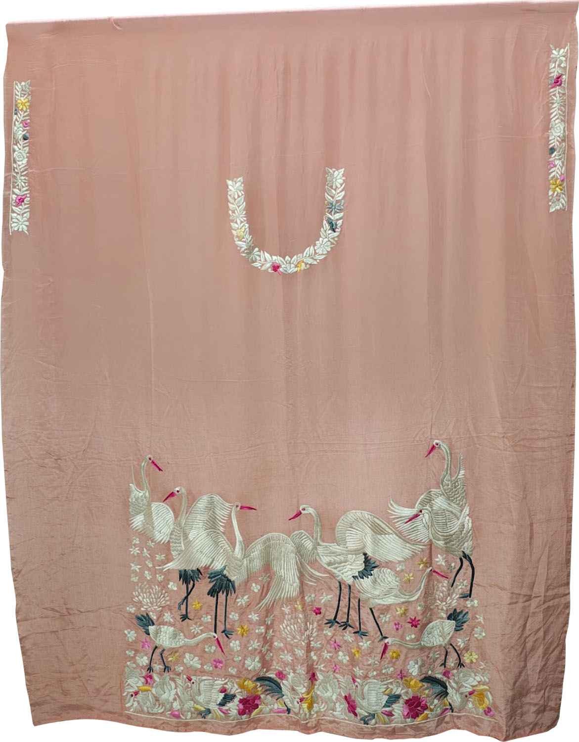 Pink Hand Embroidered Parsi Pure Crepe Unstitched Multicolor Thread Work Bird Design Kurti - Luxurion World