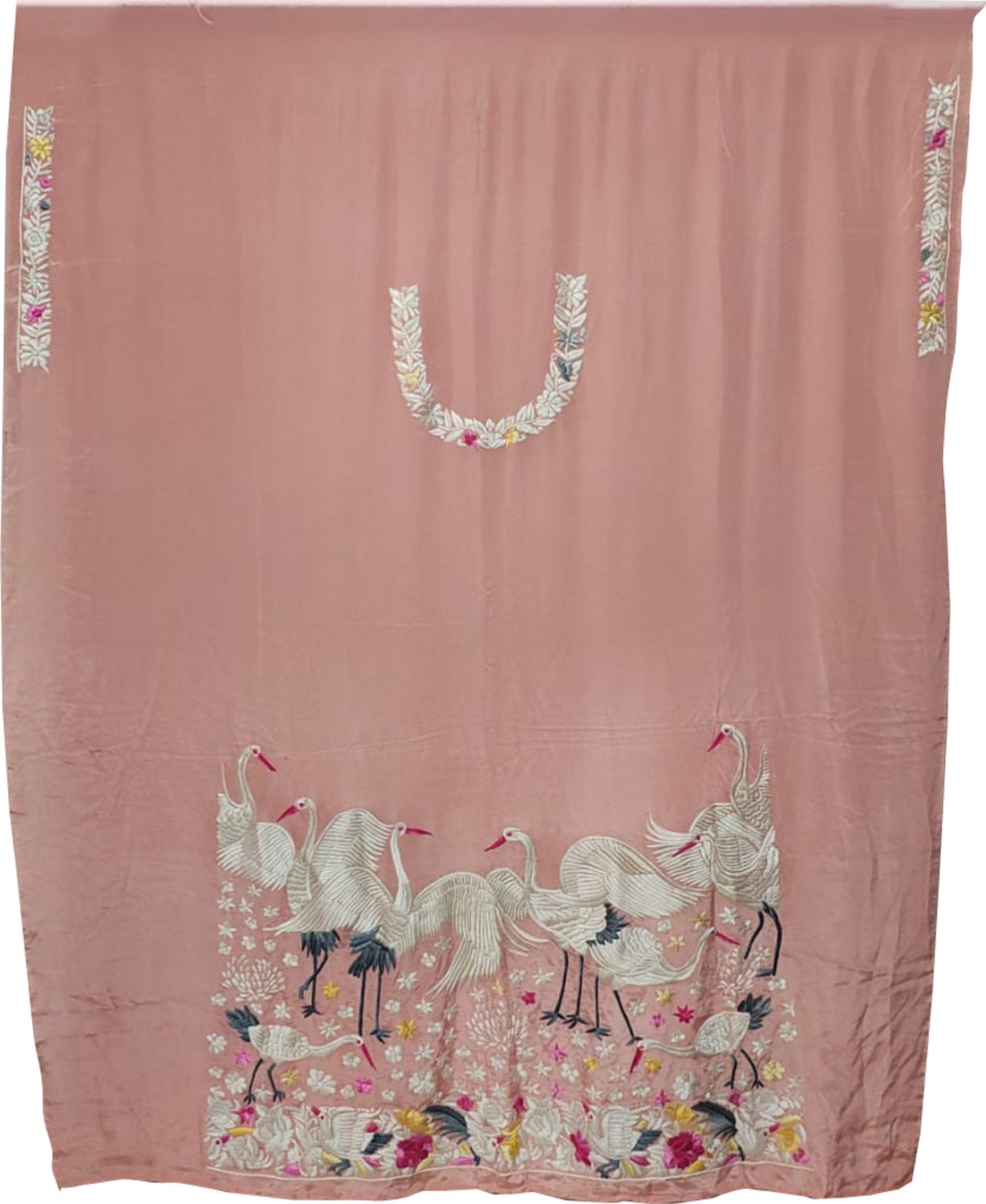 Pink Hand Embroidered Parsi Pure Crepe Unstitched Multicolor Thread Work Bird Design Kurti - Luxurion World