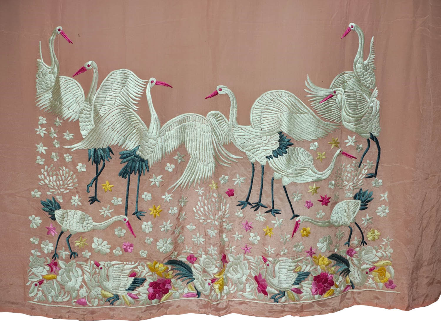 Pink Hand Embroidered Parsi Pure Crepe Unstitched Multicolor Thread Work Bird Design Kurti - Luxurion World