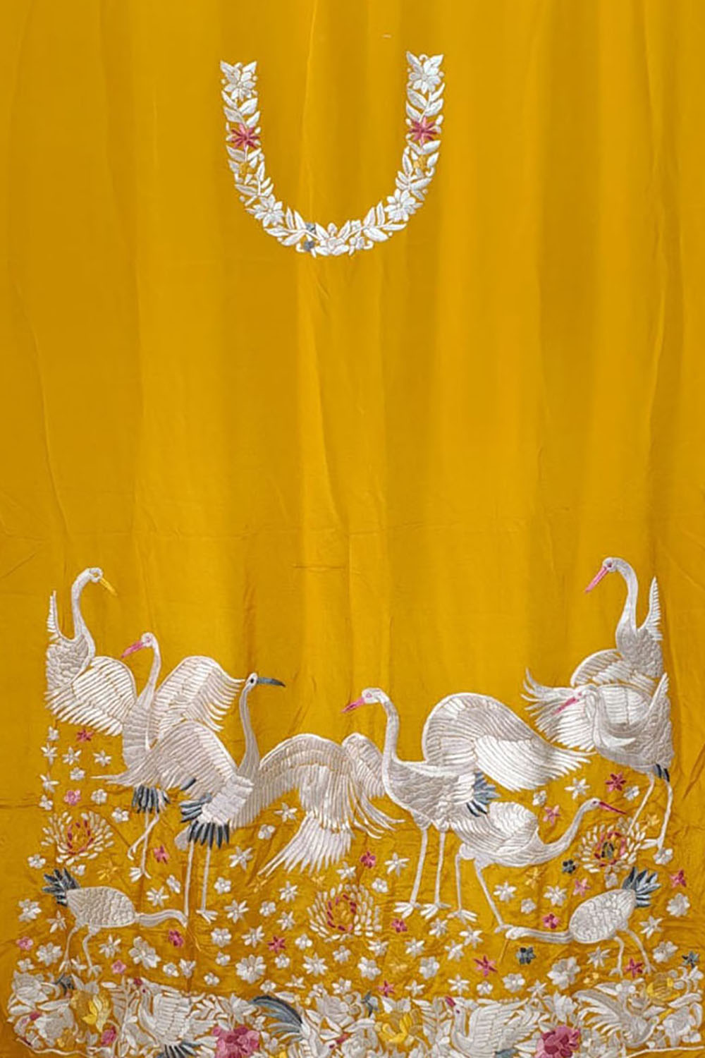 Yellow Hand Embroidered Parsi Pure Crepe Unstitched Multicolor Thread Work Bird Design Kurti - Luxurion World