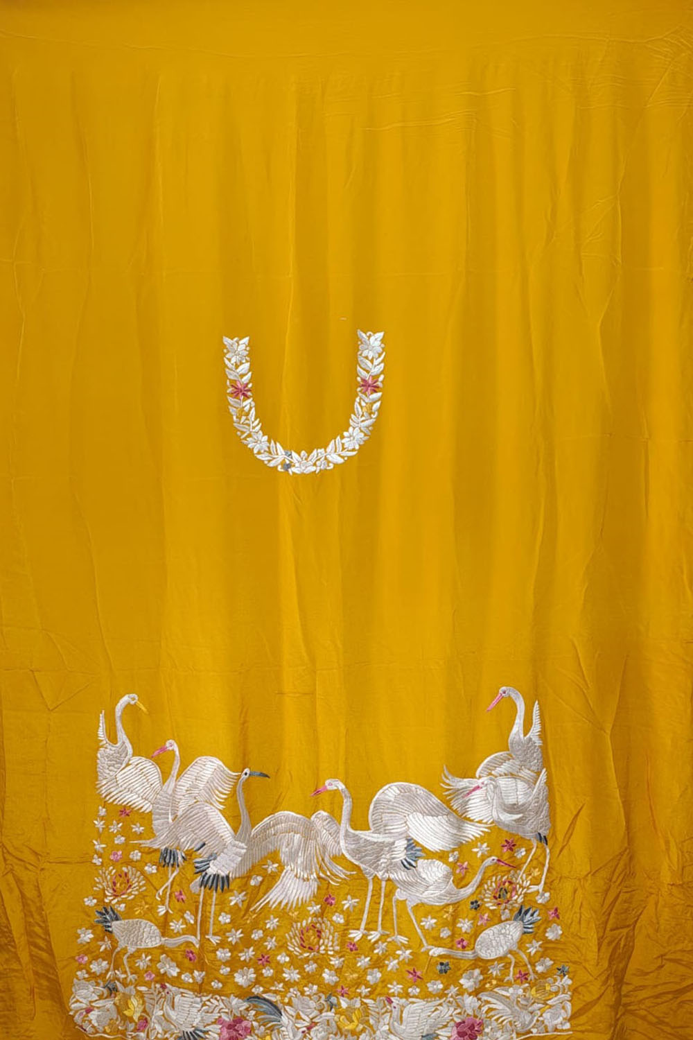 Yellow Hand Embroidered Parsi Pure Crepe Unstitched Multicolor Thread Work Bird Design Kurti - Luxurion World