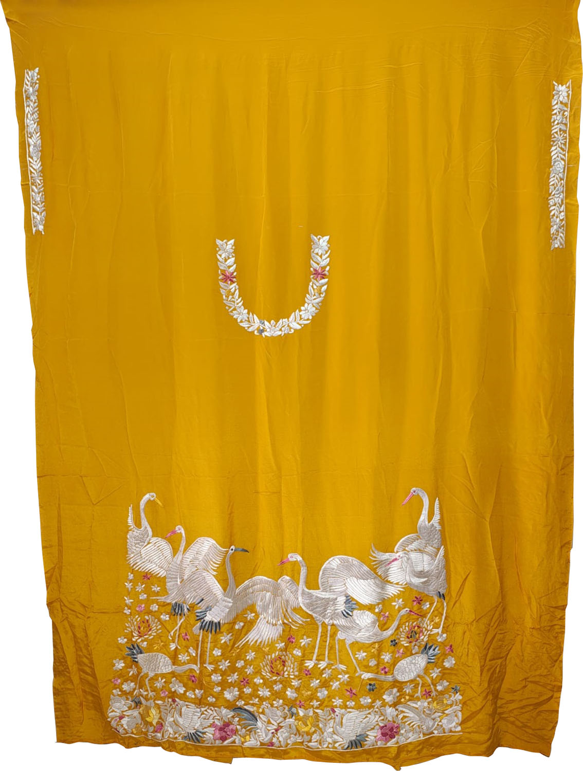 Yellow Hand Embroidered Parsi Pure Crepe Unstitched Multicolor Thread Work Bird Design Kurti - Luxurion World