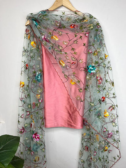Pink Pure Silk Three Piece Unstitched Suit Set With Parsi Embroidered Convent Work Net Dupatta - Luxurion World