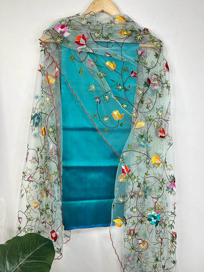 Blue Pure Silk Three Piece Unstitched Suit Set With Parsi Embroidered Convent Work Net Dupatta - Luxurion World