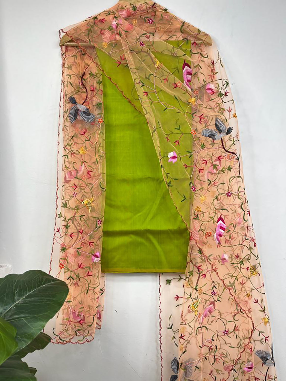 Green Pure Silk Three Piece Unstitched Suit Set With Parsi Embroidered Convent Work Net Dupatta - Luxurion World