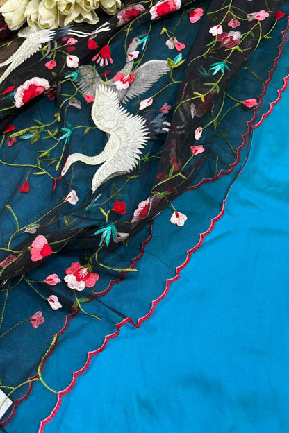 Blue Plain Silk Suit Set With Parsi Embroidered Convent Work Net Dupatta - Luxurion World