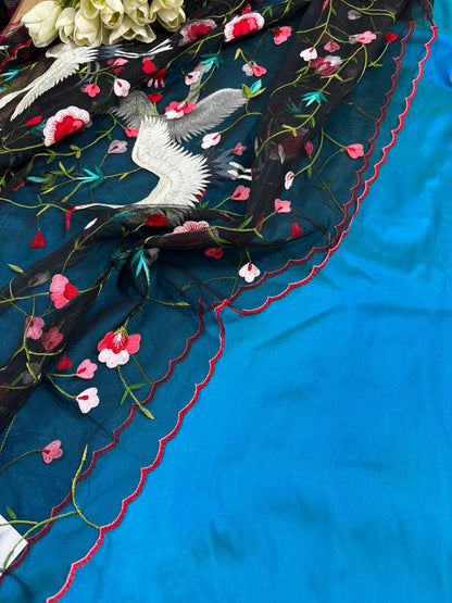 Blue Plain Silk Suit Set With Parsi Embroidered Convent Work Net Dupatta - Luxurion World