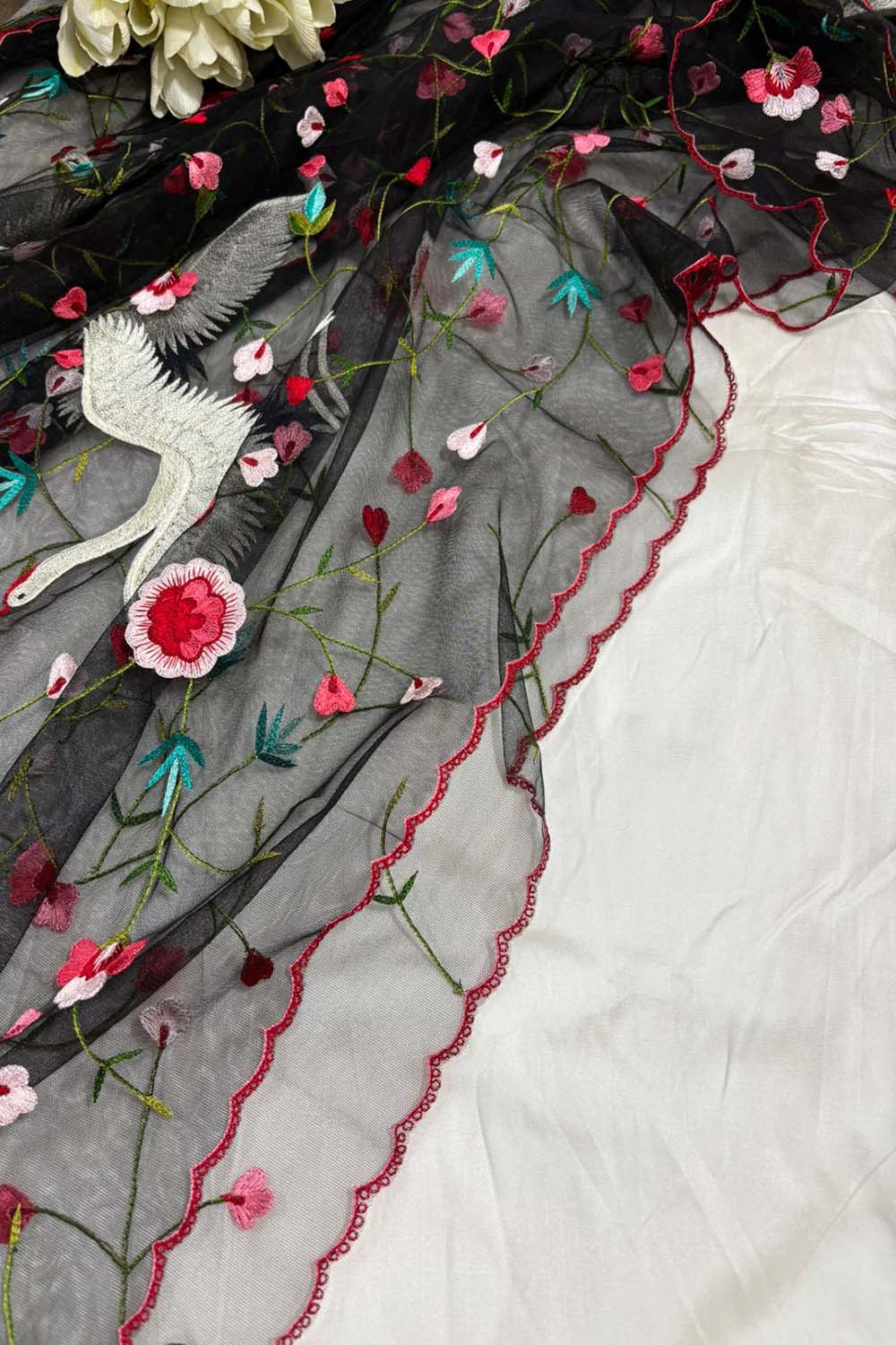 White Plain Silk Suit Set With Parsi Embroidered Convent Work Net Dupatta - Luxurion World