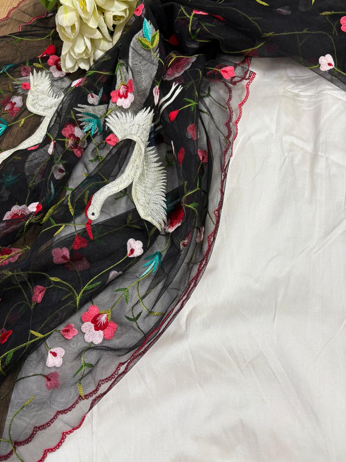 White Plain Silk Suit Set With Parsi Embroidered Convent Work Net Dupatta - Luxurion World