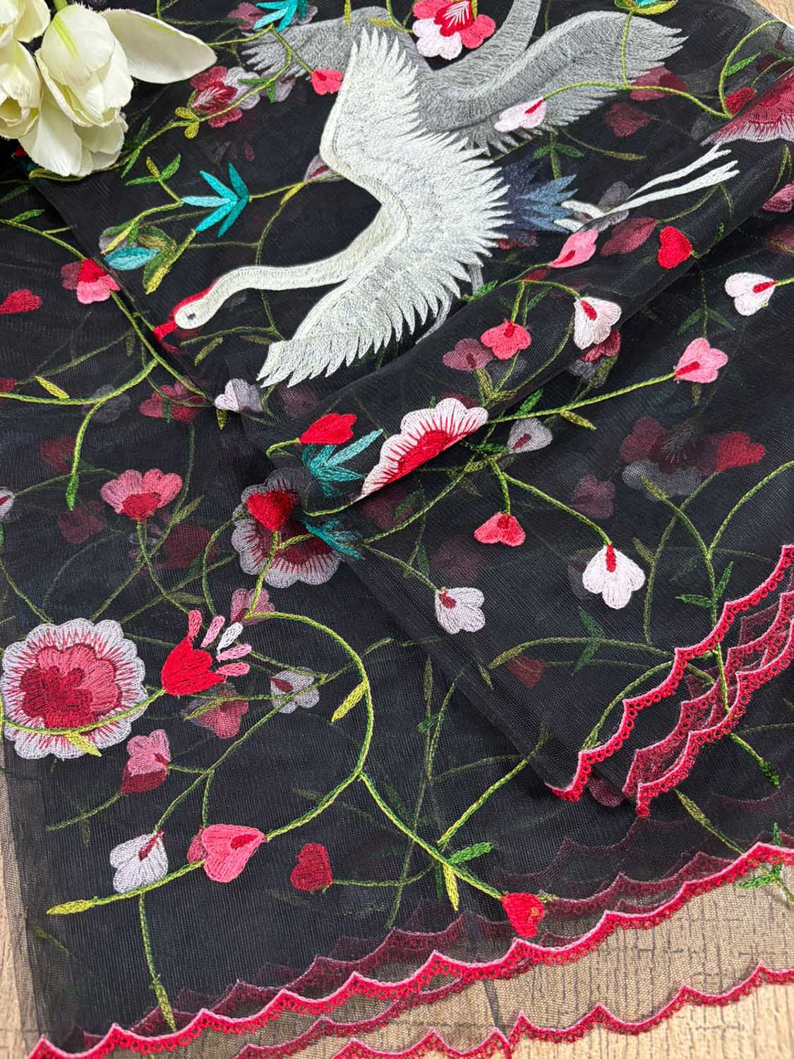 White Plain Silk Suit Set With Parsi Embroidered Convent Work Net Dupatta - Luxurion World