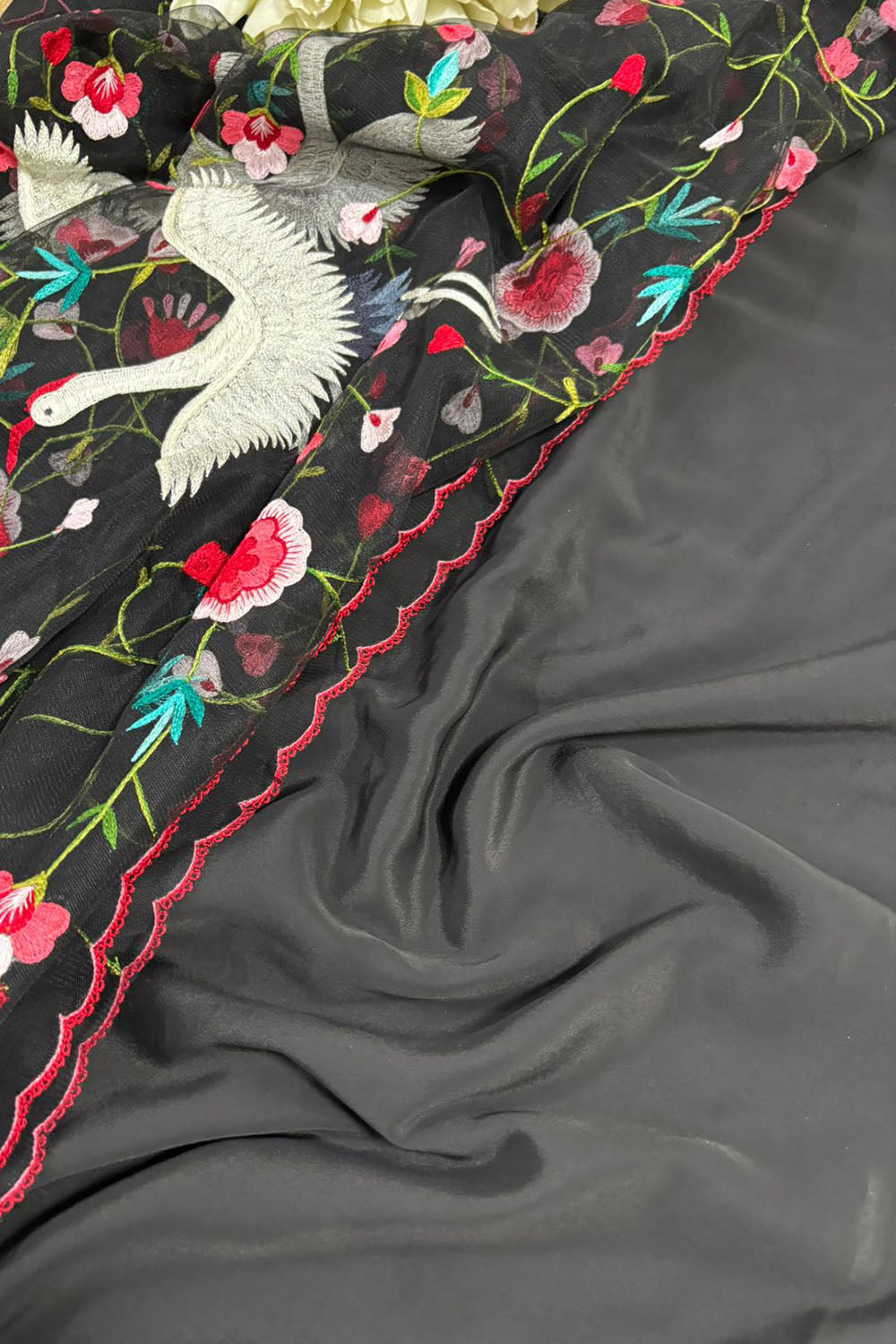 Black Plain Silk Suit Set With Parsi Embroidered Convent Work Net Dupatta - Luxurion World