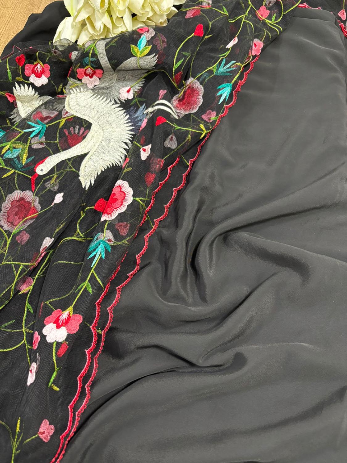 Black Plain Silk Suit Set With Parsi Embroidered Convent Work Net Dupatta - Luxurion World