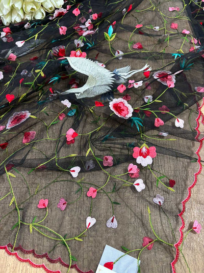 Black Plain Silk Suit Set With Parsi Embroidered Convent Work Net Dupatta - Luxurion World