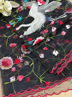 Black Plain Silk Suit Set With Parsi Embroidered Convent Work Net Dupatta - Luxurion World