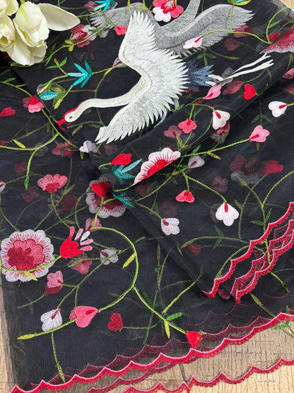 Black Plain Silk Suit Set With Parsi Embroidered Convent Work Net Dupatta - Luxurion World