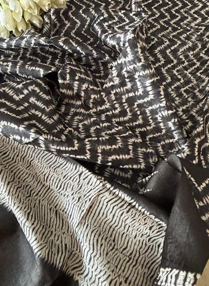 Black Shibori Tie N Dye Tussar Silk Two Piece Unstitched Suit Set - Luxurion World