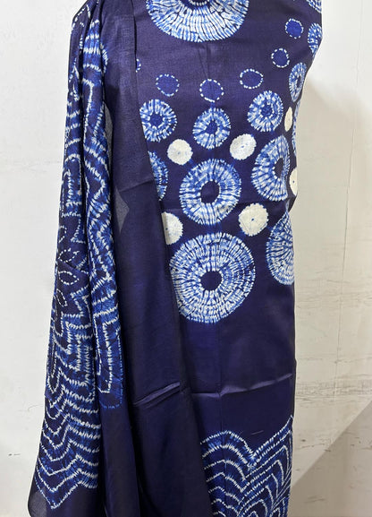 Blue Shibori Tie N Dye Tussar Silk Two Piece Unstitched Suit Set - Luxurion World
