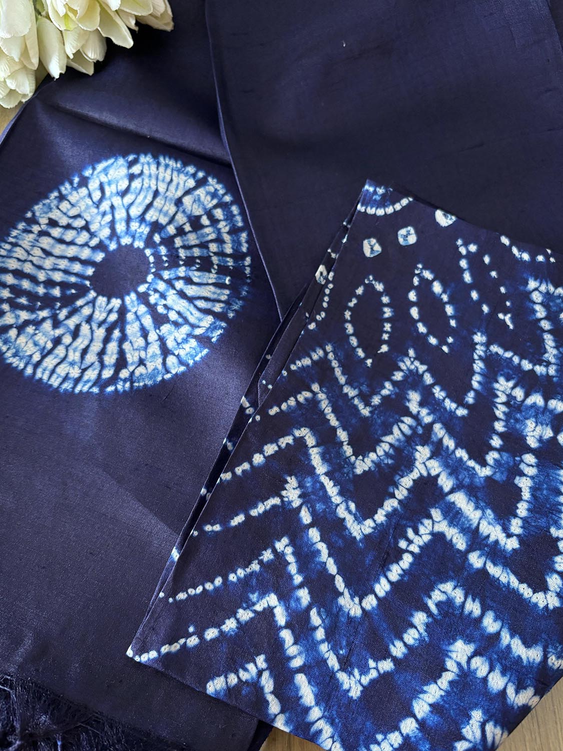 Blue Shibori Tie N Dye Tussar Silk Two Piece Unstitched Suit Set - Luxurion World