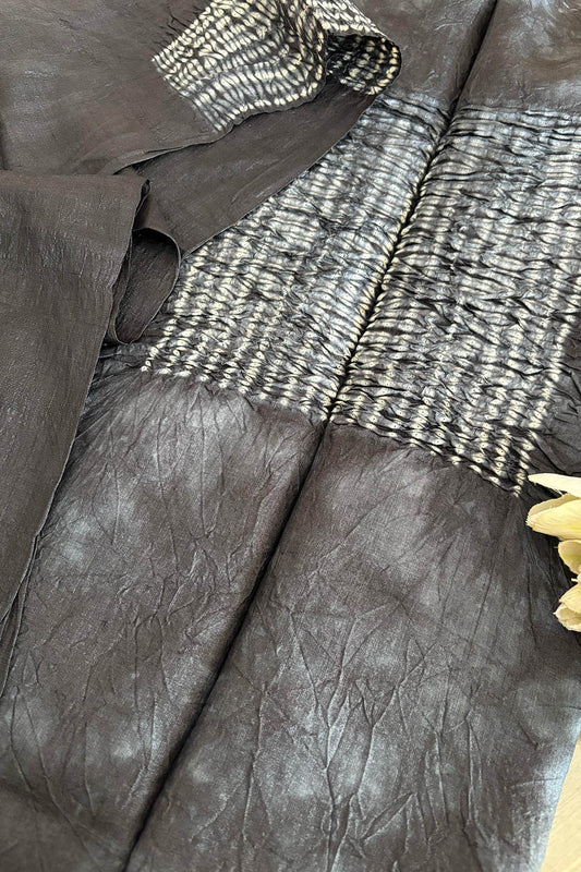 Black Shibori Tie N Dye Tussar Silk Two Piece Unstitched Suit Set - Luxurion World