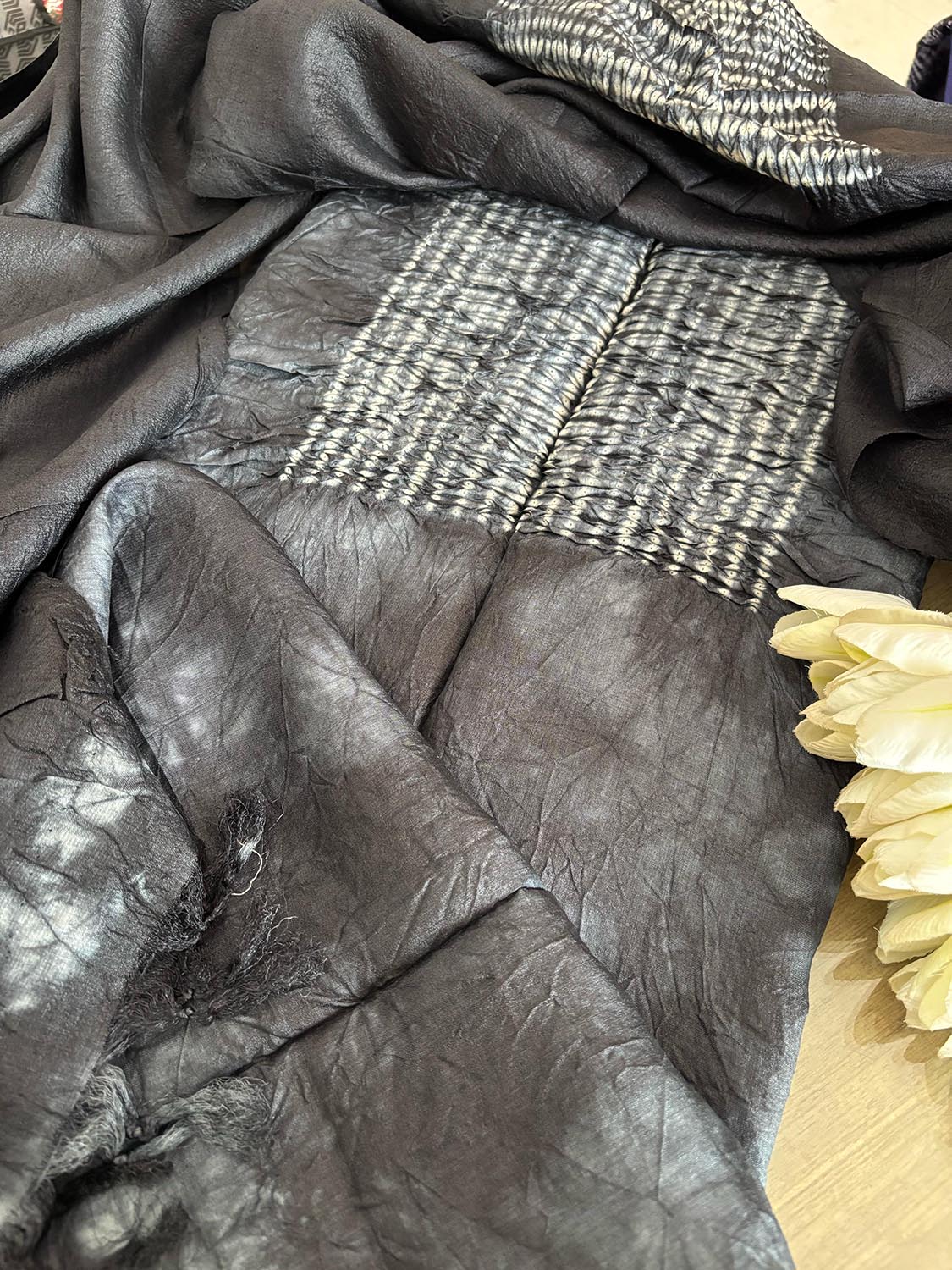 Black Shibori Tie N Dye Tussar Silk Two Piece Unstitched Suit Set - Luxurion World