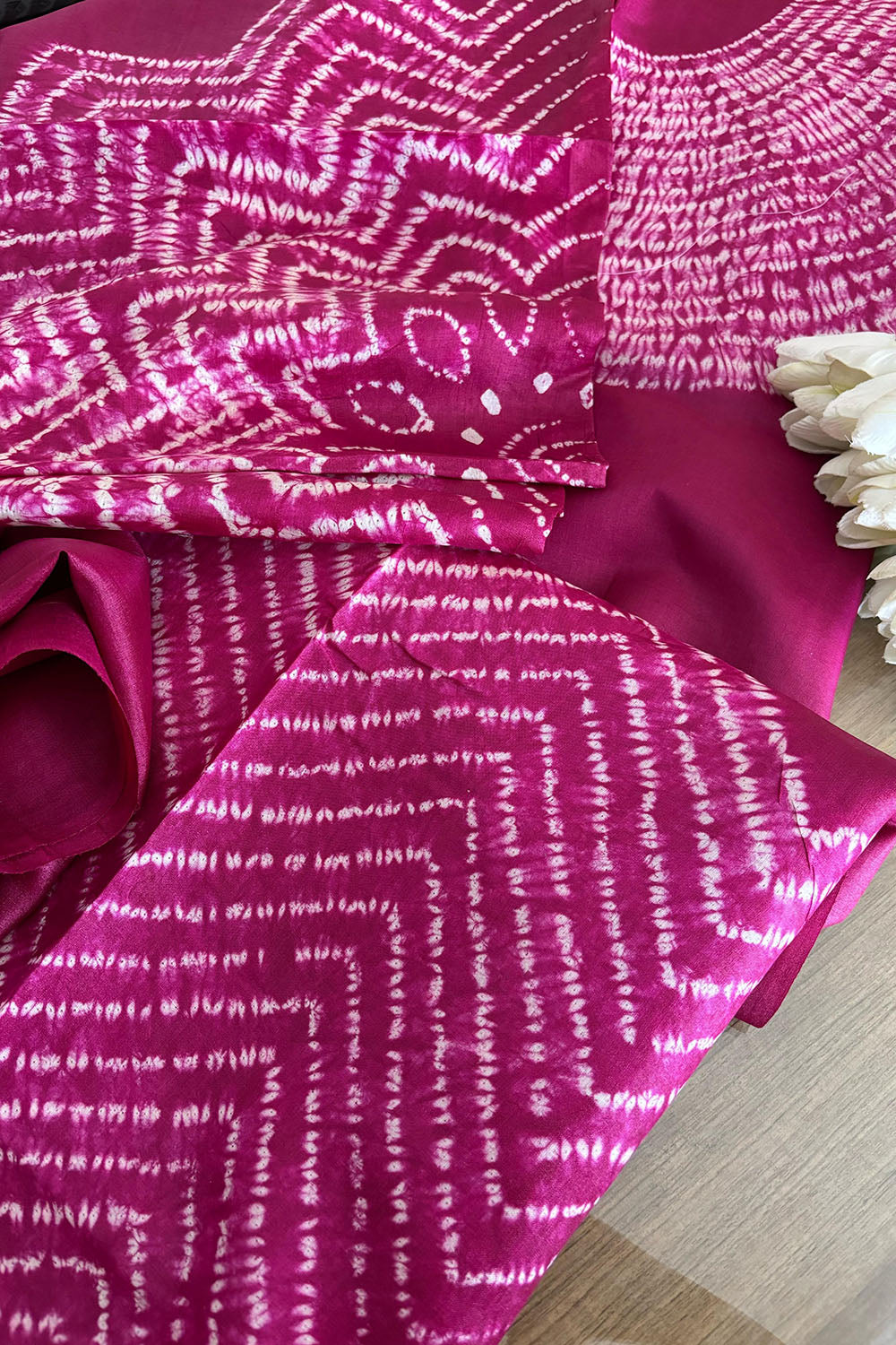 Pretty in Pink: Shibori Tie N Dye Tussar Silk Two Piece Unstitched Suit Set - Luxurion World