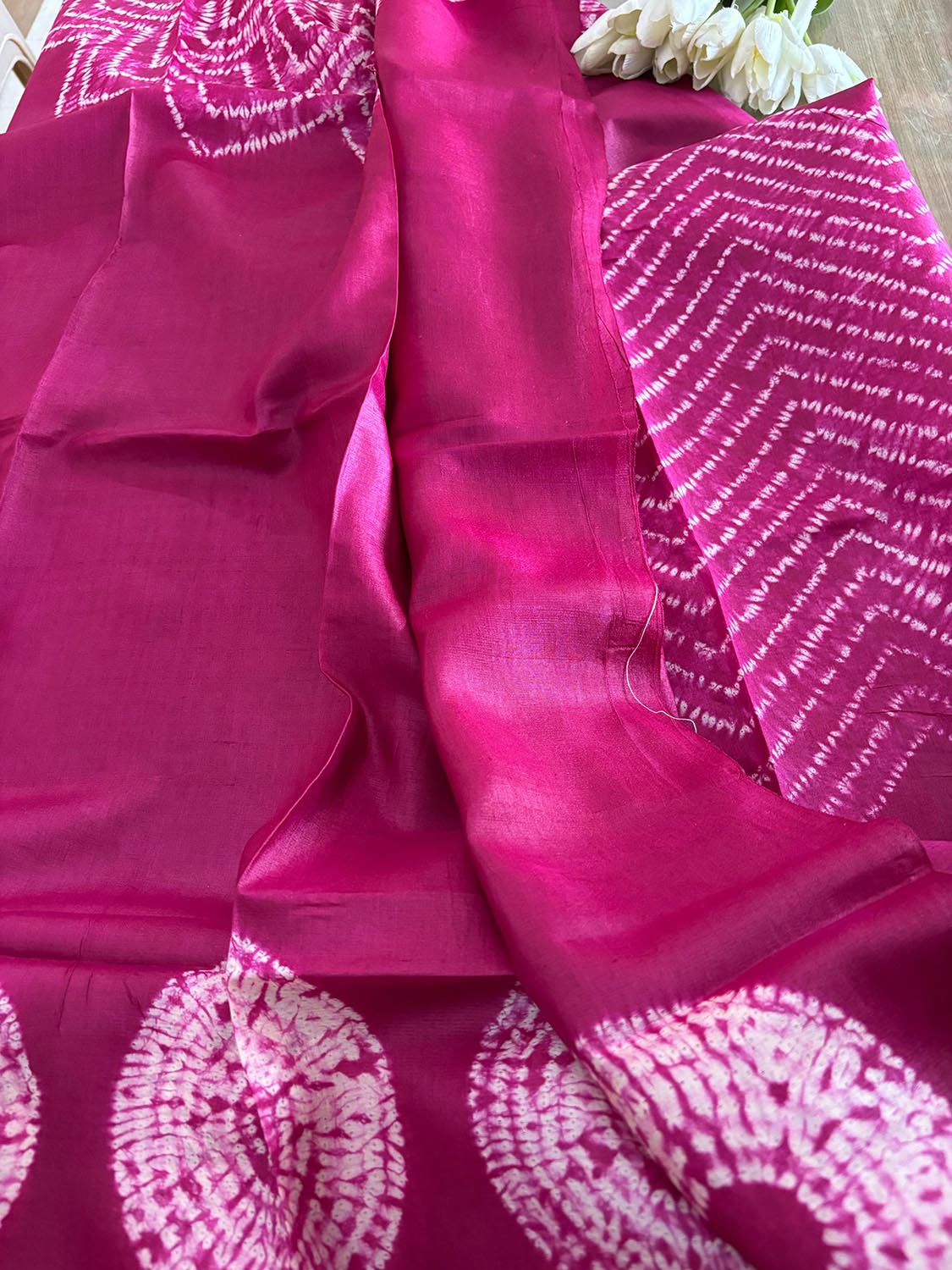 Pretty in Pink: Shibori Tie N Dye Tussar Silk Two Piece Unstitched Suit Set - Luxurion World