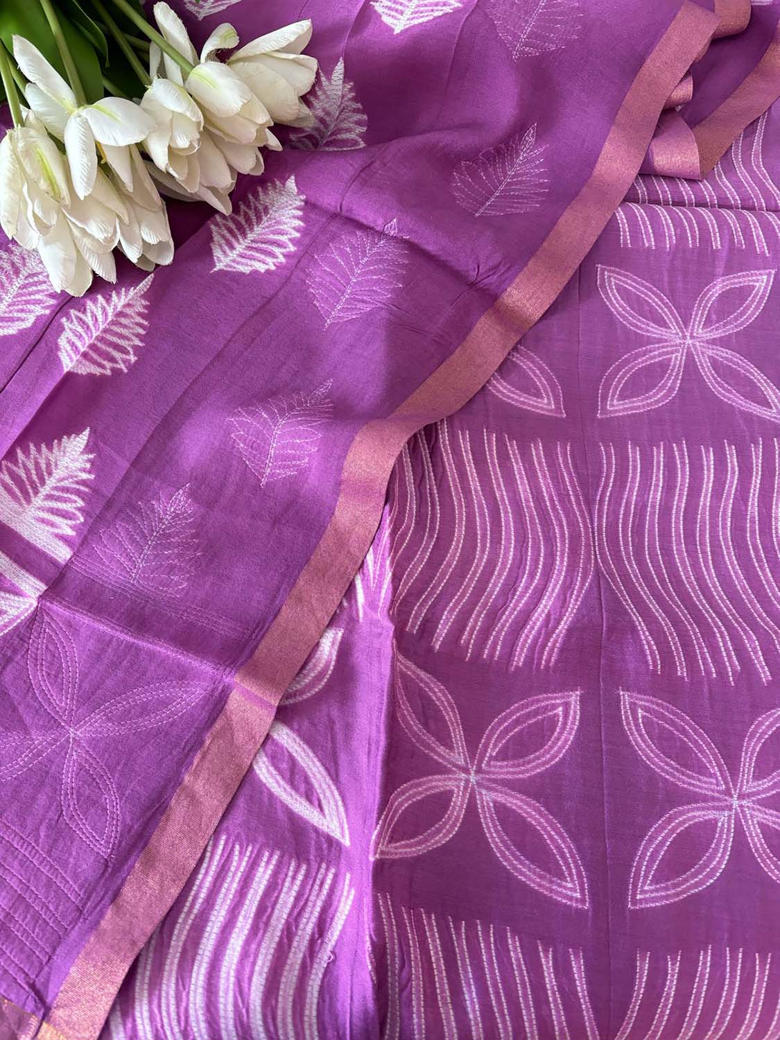 Stunning Purple Shibori Tie N Dye Maheshwari Silk Two Piece Unstitched Suit Set - Luxurion World