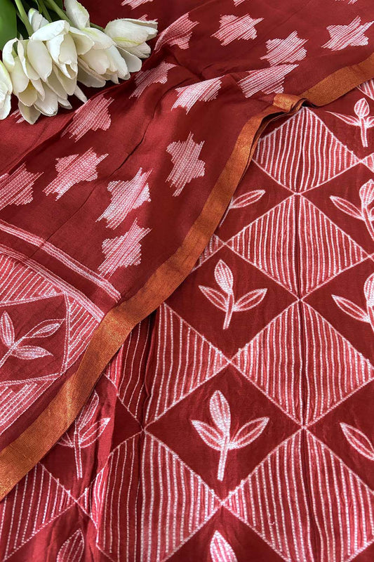 Red Shibori Tie N Dye Maheshwari Silk Two Piece Unstitched Suit Set - Luxurion World