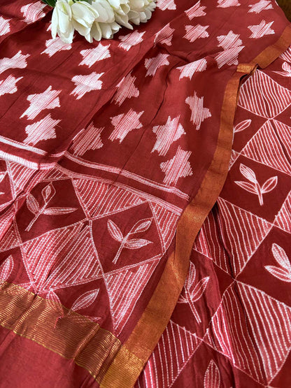 Red Shibori Tie N Dye Maheshwari Silk Two Piece Unstitched Suit Set - Luxurion World