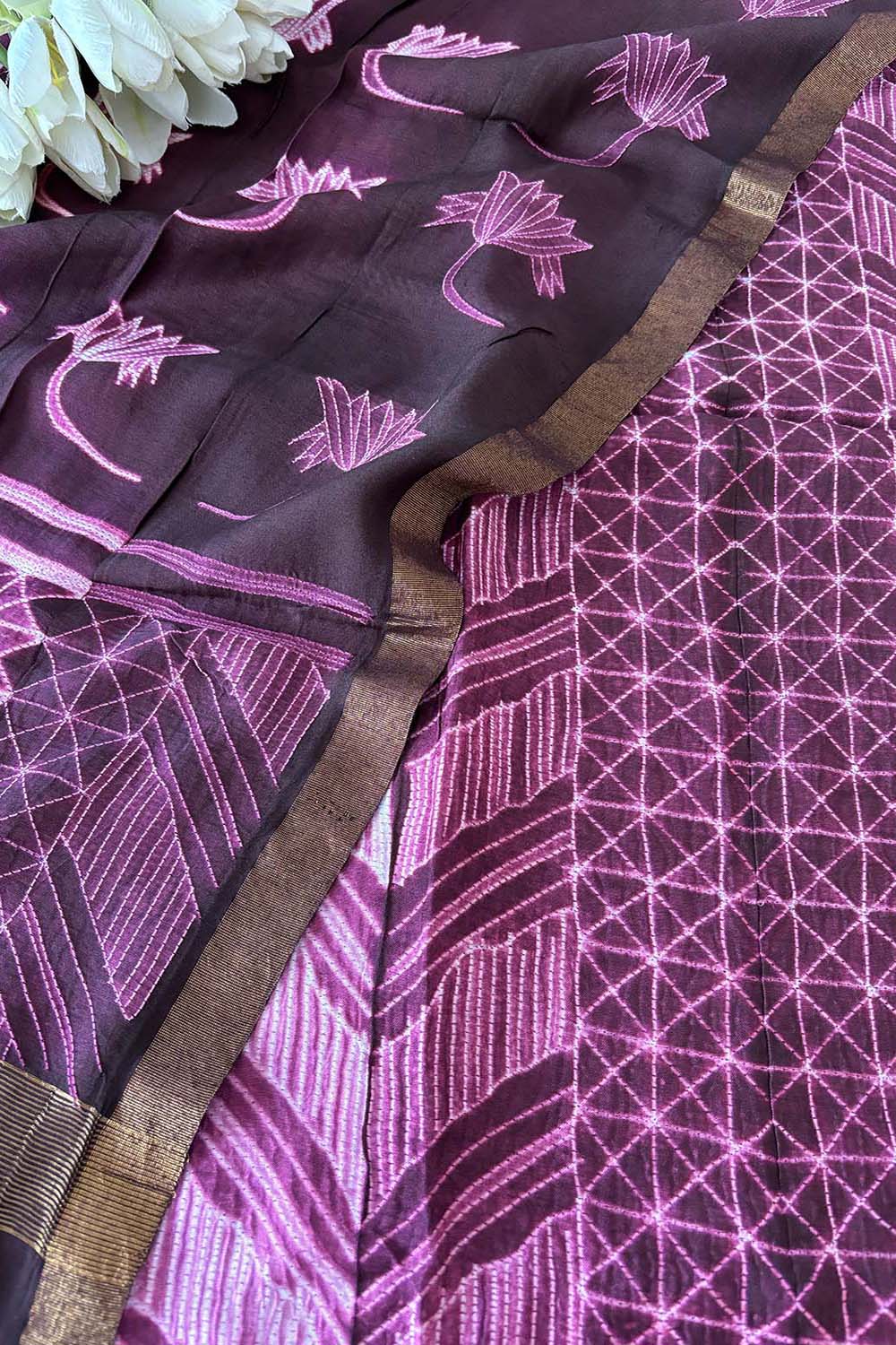 Stunning Purple Shibori Tie N Dye Maheshwari Silk Two Piece Unstitched Suit Set - Luxurion World