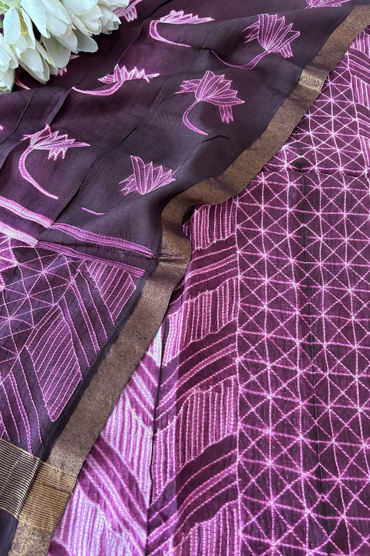 Stunning Purple Shibori Tie N Dye Maheshwari Silk Two Piece Unstitched Suit Set - Luxurion World