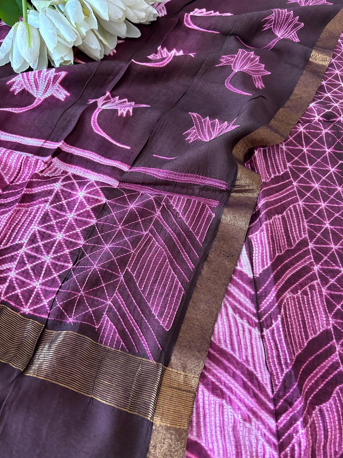 Stunning Purple Shibori Tie N Dye Maheshwari Silk Two Piece Unstitched Suit Set - Luxurion World