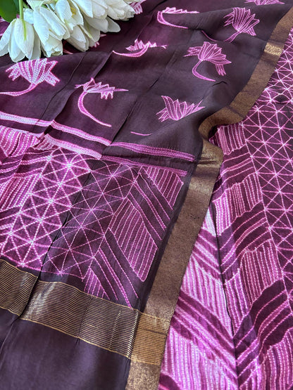 Stunning Purple Shibori Tie N Dye Maheshwari Silk Two Piece Unstitched Suit Set - Luxurion World